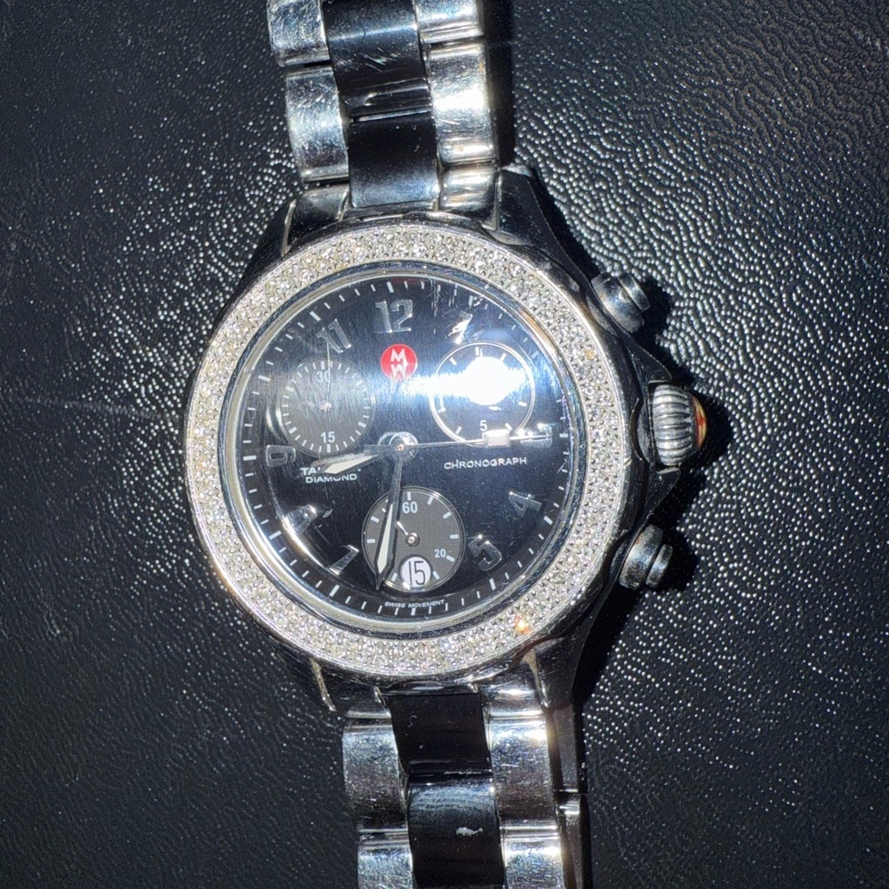 Michele Stainless Steel Watch with Black Dial and 120 Diamonds 0.67 carats